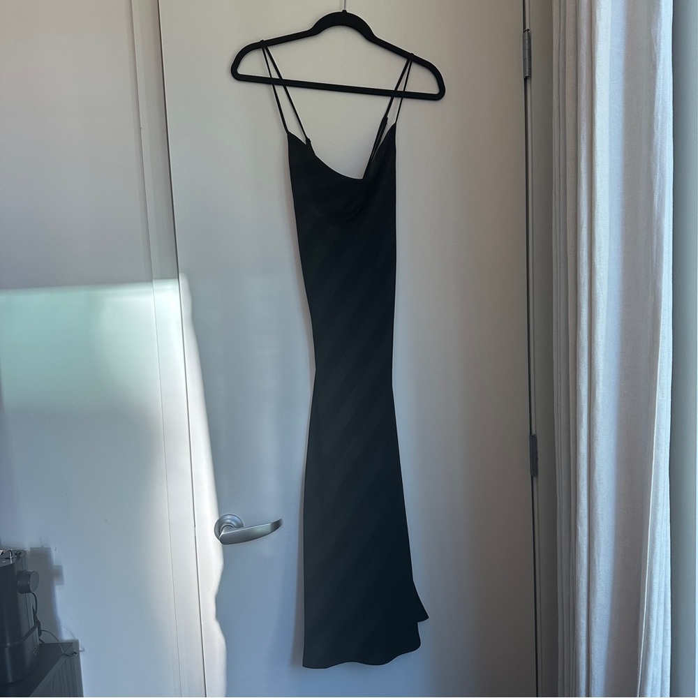Silk cowl neck silk dress with subtle stripes